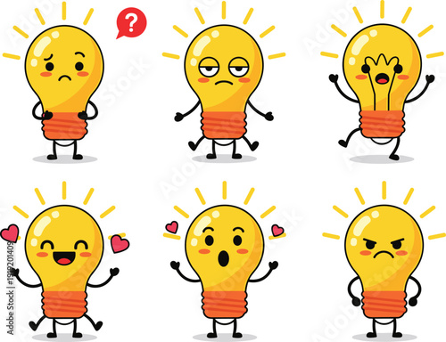 Cute light bulb character set showing different emotions and facial expressions