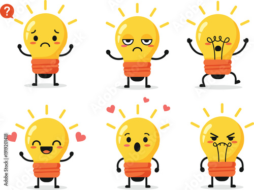 Funny light bulb mascot set with cute emotions and expressive faces