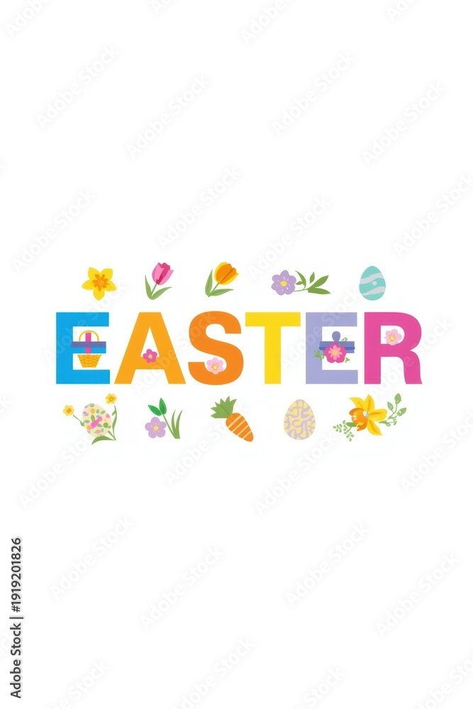 Fototapeta premium Colorful easter-themed text with decorative flowers and eggs surrounding it