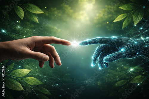 Sustainable Artificial Intelligence Concept. Human and AI Connecting in Green Digital Future