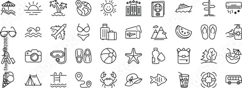 Summer set of web icons in line style. Summer vacation icons for web and mobile app. Travel, beach, tourism, summer holidays, hotel, relax, beach, luggage, passport, sunglasses.