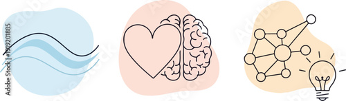 Flat lay of a psychologist therapist's office with icons representing mental health and wellness on a white surface with pastel-colored backgrounds.