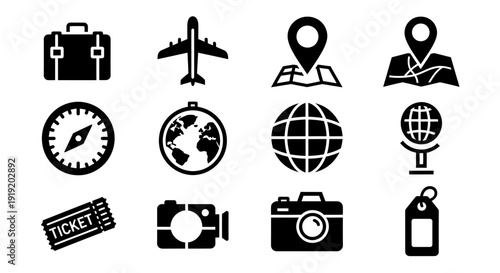 Set of Travel and Vacation Vector Icons, Black Silhouette Adventure Symbols, Tourism Navigation and Transport Elements for Web and Graphic Design