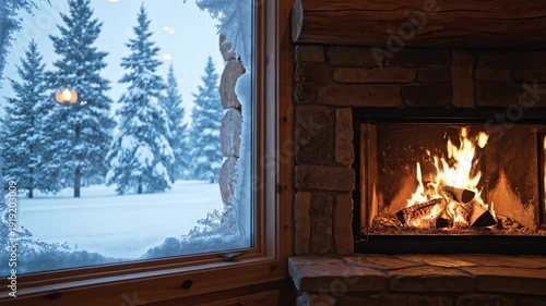 Serene slow motion view of pristine winter snow falling softly outside a frosty window frame next to a flickering fireplace inside a warm, tranquil cabin mood, close-up window, cold