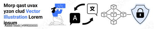 Language translation, coding, technology, blockchain, cybersecurity, data privacy. Visuals include a person coding, translation symbols blockchain network and a shield. Technology and cybersecurity