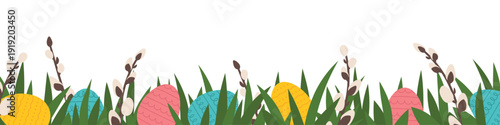 easter banner with grass, pussy willow twigs and eggs, spring floral composition and traditional holiday decoration concept, egg hunting- vector illustration