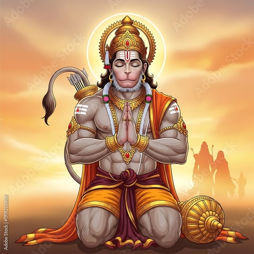 Hindu deity Hanuman kneeling in prayer with hands in Anjali mudra at sunrise