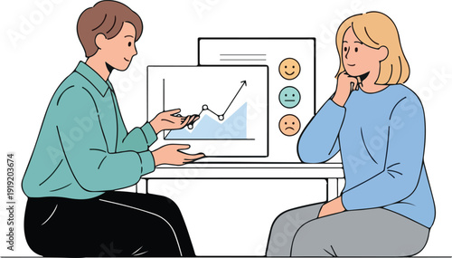 A psychologist and a patient sitting at a desk with a laptop and graph in a thoughtful consultation setting with a professional mood.