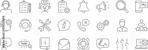 Customer service set of web icons in line style. Help and support. Support and service icons for web and mobile app. Online help, assistance, customer, 24 hrs, service and more.