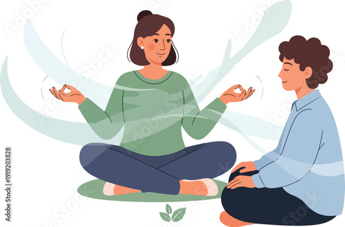 A psychologist and a patient sitting in meditation poses, engaging in a calming therapy session with a serene and peaceful mood, against a clean white background.