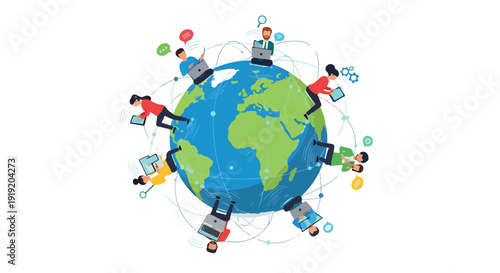 A colorful illustration of a globe surrounded by diverse people interacting with various digital devices and icons on a white background with a modern and connected feel.
