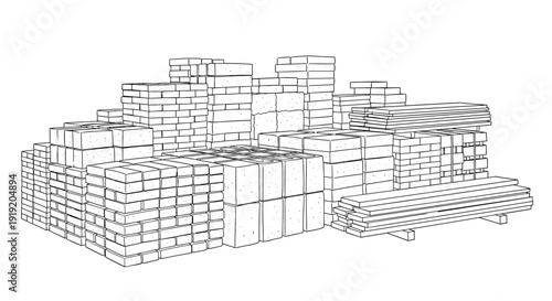 Hand drawn construction materials: bricks and timber in outline