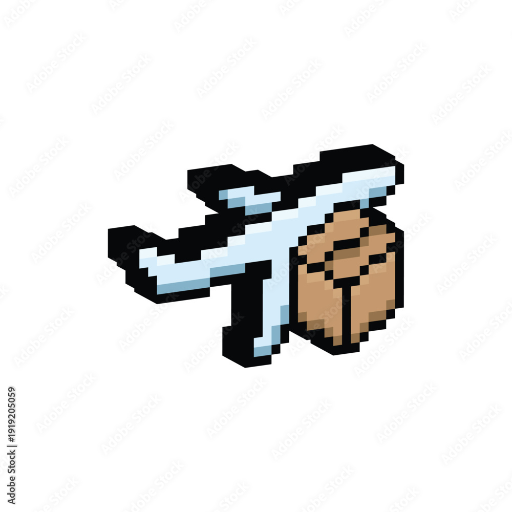 Fototapeta premium 3D isometric pixel art airplane with package 8 bit vector icon for computer game, logo