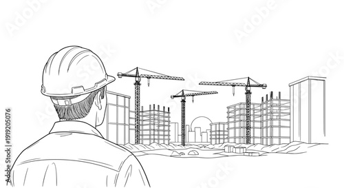 Construction site scene with worker overseeing urban development