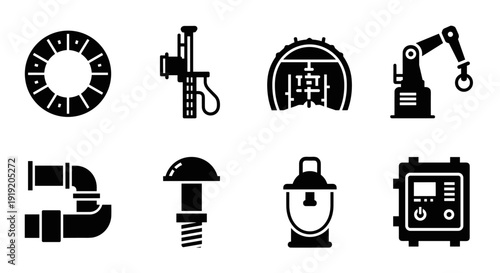 Industrial tools and equipment silhouette icons in black on white background