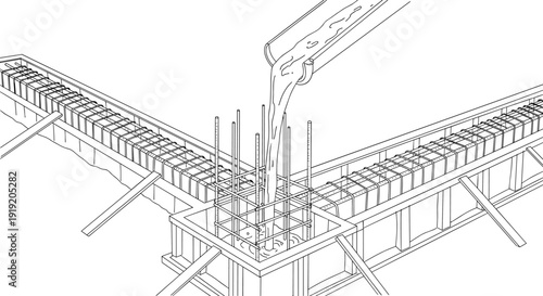 Construction process: concrete pouring and foundation reinforcement in linear drawing