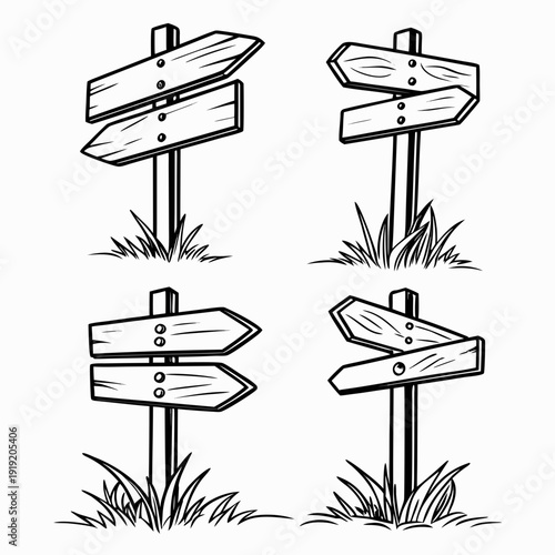 Four wooden signposts with multiple directional signs Vector