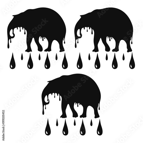 A black and white image of three elephant silhouettes with dripping paint Vector