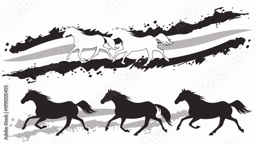 A group of horses running side by side in silhouette Vector