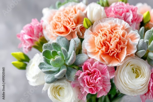 Floral Arrangement Featuring Carnations Ranunculus and Succulents in Pink Peach and White Hues for Celebrations and Special Occasions