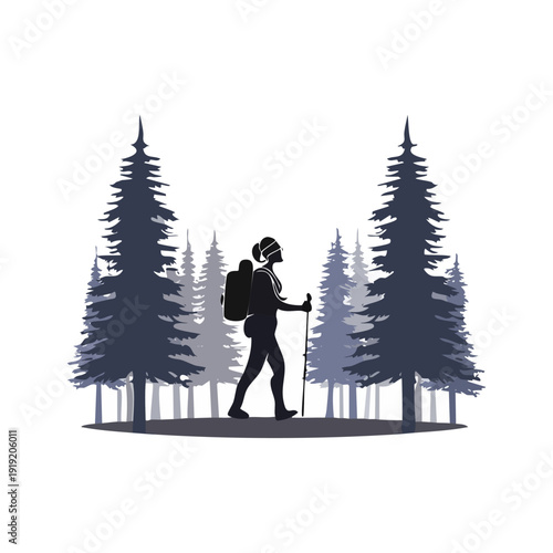 Dynamic silhouette illustration of a woman enjoying a challenging hike amidst tall pine trees, symbolizing freedom, outdoor adventure, and an active lifestyle