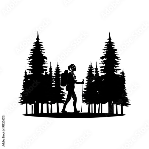 Silhouette of a female hiker with a backpack and trekking pole walking through a dense pine forest, representing outdoor adventure and nature exploration.