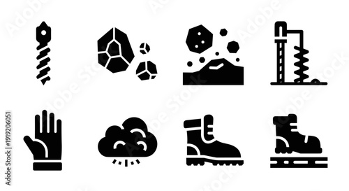 Silhouette industrial icons set: tools, equipment, weather, safety