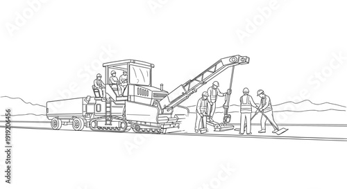 Road construction team working with paving machine on highway in linear style