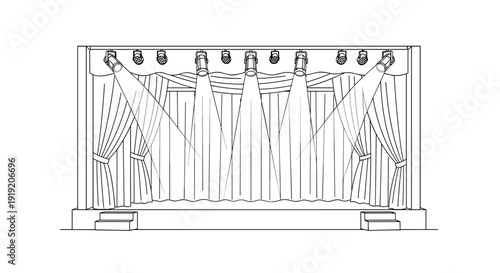 Dramatic theater stage with curtains and spotlight in linear art style