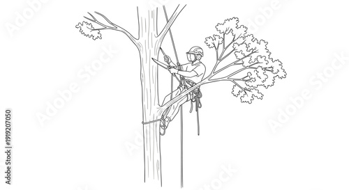 Arborist climbing tree in safety gear line art illustration