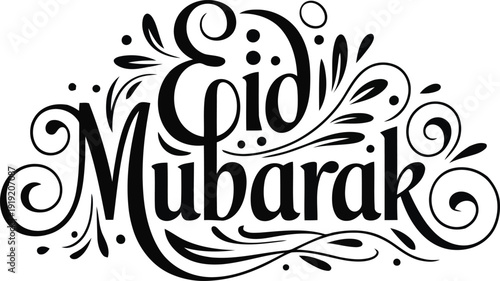 Intricate black calligraphic Eid Mubarak text is beautifully embellished with elegant swirls and decorative flourishes