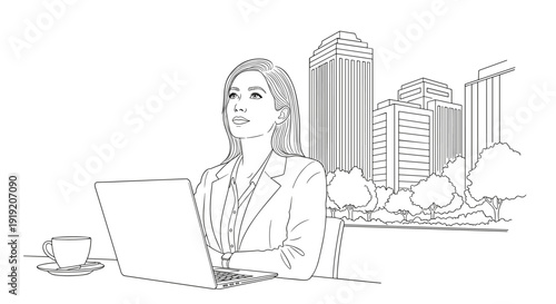 Businesswoman working on laptop in urban outdoor setting, black and white linear design
