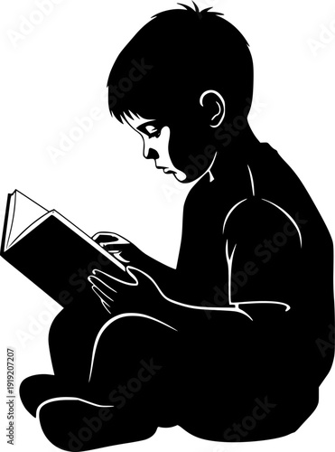 Silhouette of Boy Engrossed in Reading a Book, Sitting Comfortably, Focused on Story
