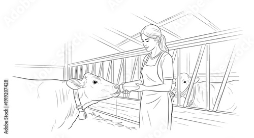Farmer feeding cow in barn: line art depiction of rural life