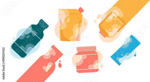 Colorful abstract design on various supplement packaging.