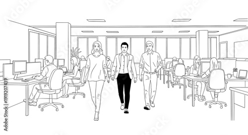 Modern office workspace: linear style with professionals collaborating in open plan environment