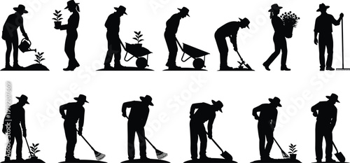 Large collection of diverse gardener and farmer silhouettes gardening planting watering plants using wheelbarrows shovels and rakes for agriculture landscaping hobby and backyard growth projects