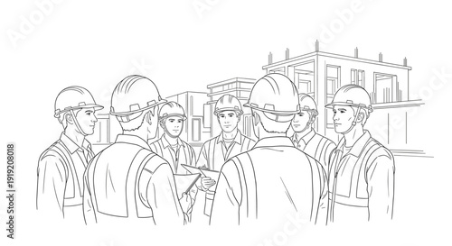 Construction team meeting in urban setting with engineers in hard hats