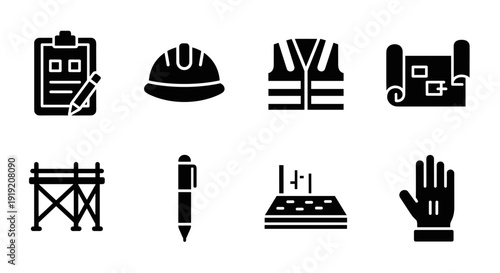 Construction icons set: silhouettes of tools, gear, and equipment for building projects