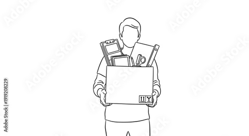 Monochrome line art of person carrying a box filled with personal items