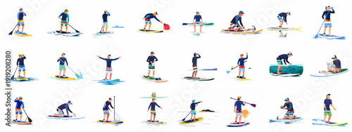 Diverse stand-up paddleboarding activities showcased in a collection of illustrations, depicting various individuals enjoying the tranquil waters and outdoor recreation.