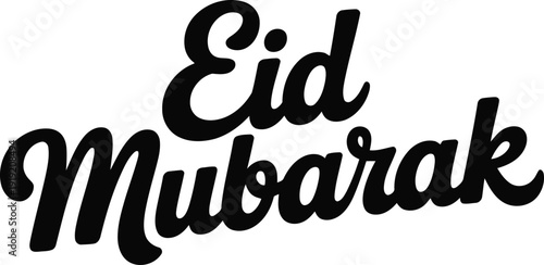 Smooth rounded black lettering beautifully spells Eid Mubarak for a friendly holiday greeting on white