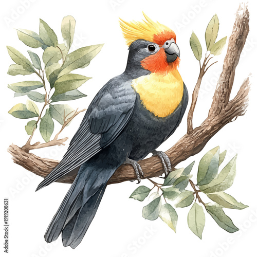 Cockatiel, elegant watercolor vector painting with refined details, isolated on a white background.