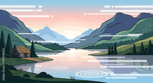 A serene illustration of a secluded cottage by a calm mountain lake at dawn with pastel skies