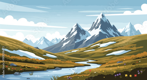 A vibrant illustrated mountain landscape featuring a winding river, snow-capped peaks, rolling hills, and colorful wildflowers bloom.