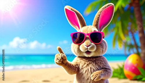 Clip Art Comic easter bunny at beach pointed  to copy space