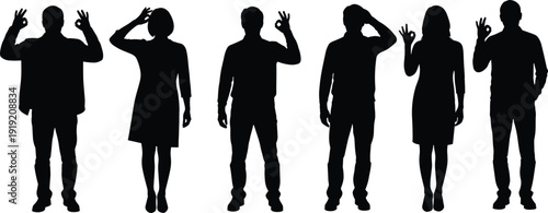 People silhouette set showing okay hand gesture, group of men and women standing and gesturing approval sign, diverse human figures collection on white background, vector.