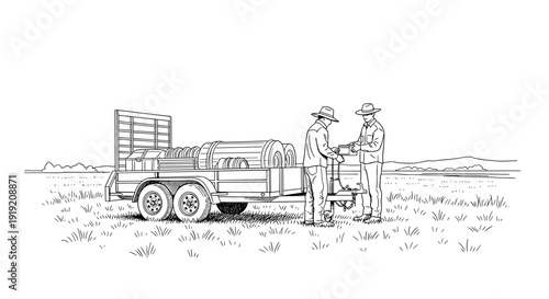 Farmers collaborating by a trailer in a field with landscape background
