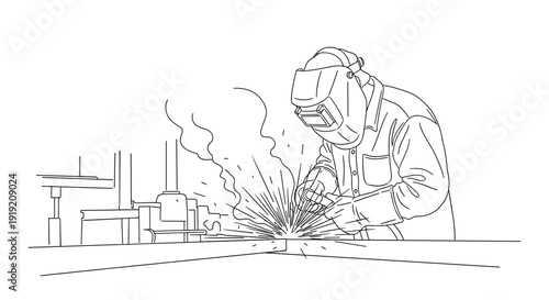 Precision welding worker with protective gear in industrial setting