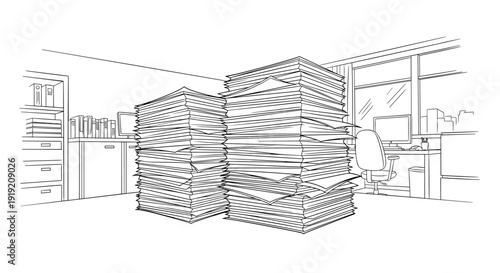 Monochrome office chaos with piles of paperwork in black and white line art